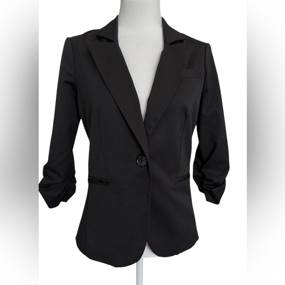 Guess Black Blazer Jacket Women’s  Small S/P Ruched Sleeves 3/4 Career Office - Picture 1 of 9